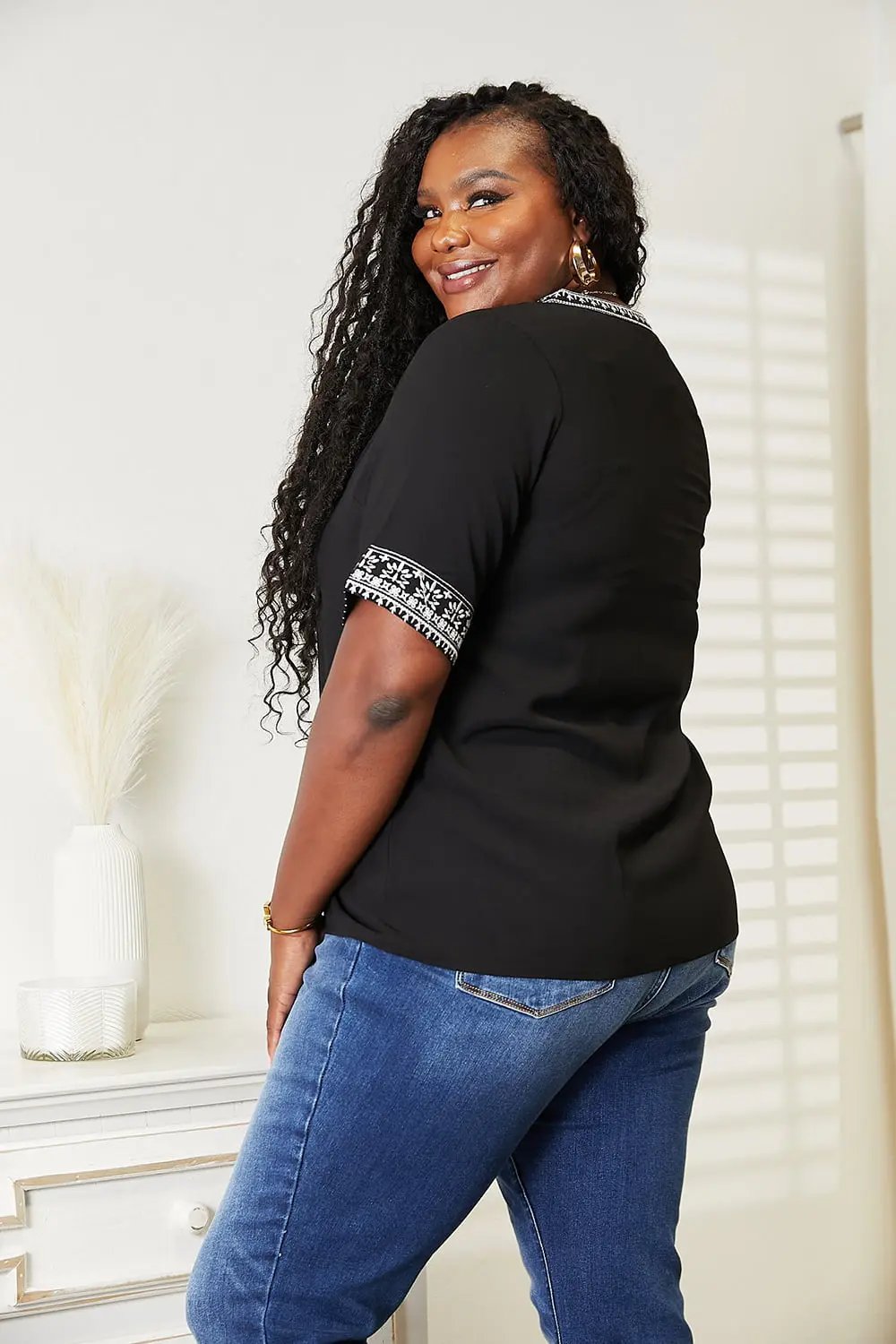 Double Take: Embroidered Notch Neck Top - Love Salve